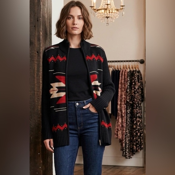 Chaps Sweaters - Vintage Chaps Southwestern Zip Sweater Jacket Black Red Knit women’s Size L